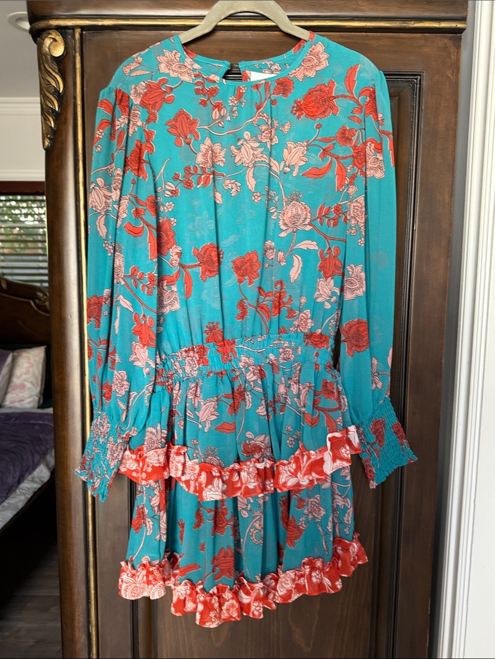 Misa Teal Floral Long-Sleeve Ruffle Dress - Brand Unknown size xs